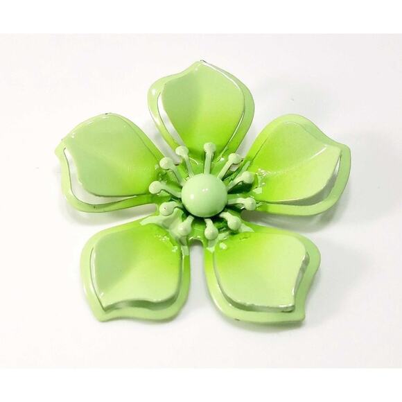 Vintage Light Green Flower Brooch, Enamel On Metal, 1960s, 2 3/8 Inches - Picture 8 of 10